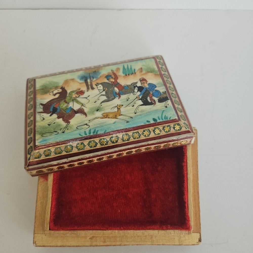 Micro Mosaic Khatam Jewelry Box Persian Hand Painted Inlay hunting scene Vintage